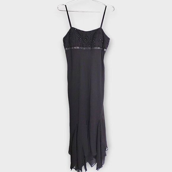R&K‎ Evening Womens Gown Sz 10 Black Chiffon Layers Beads Maxi Formal Straps Vtg - Picture 1 of 12